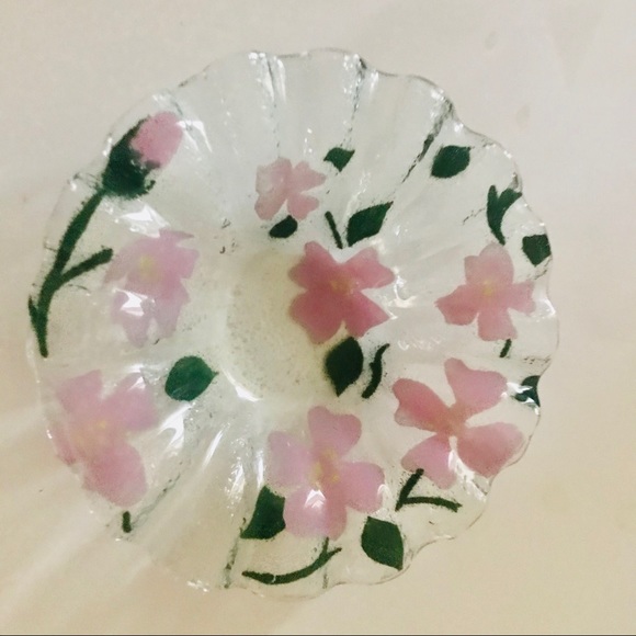 New Glass Bowl Pink Flowers Hand Painted